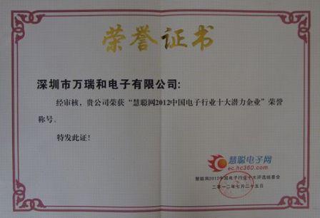 電子行業(yè)十大潛力企業(yè)榮譽證書